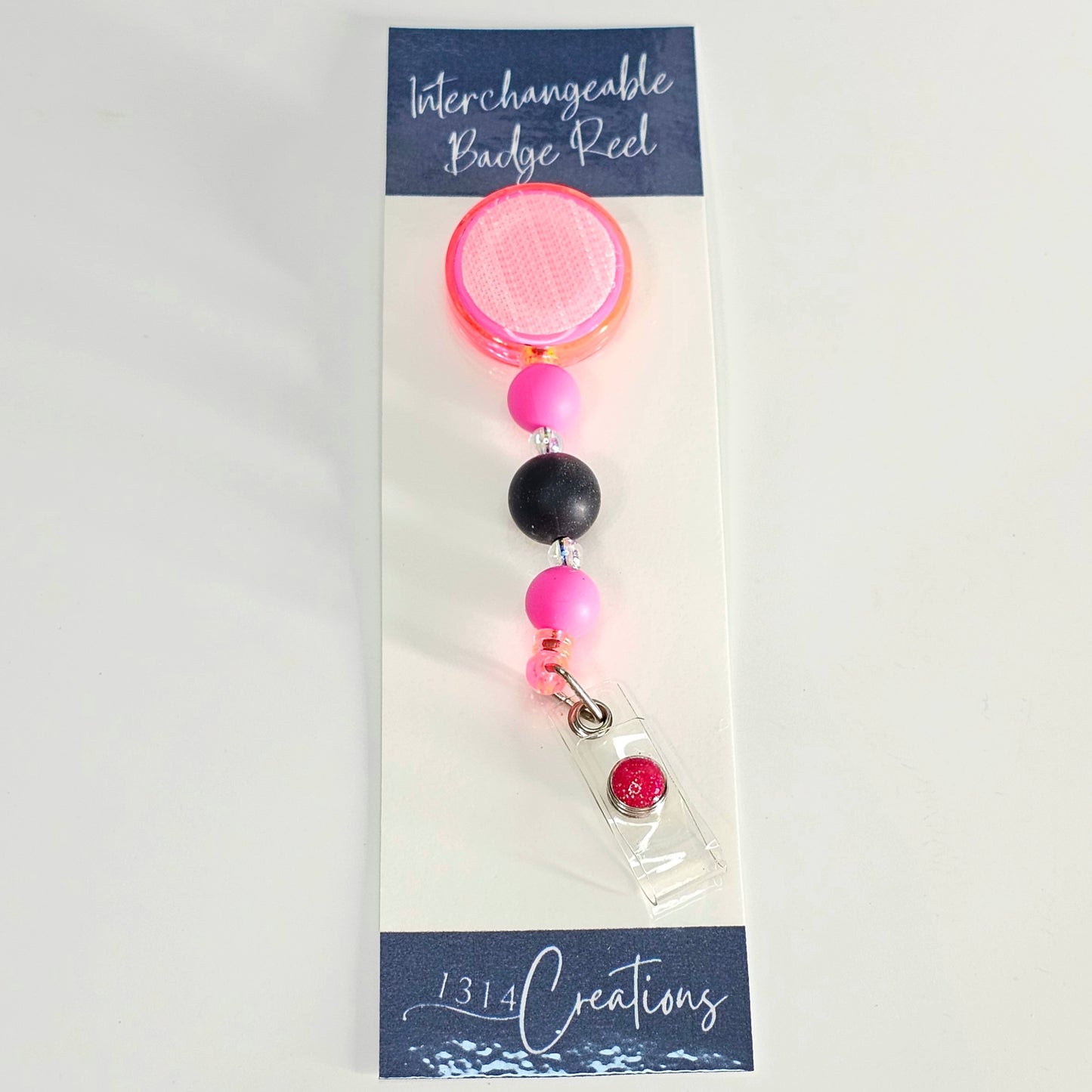 Bright Pink And Black Beaded Badge Reel  - Interchangeable Badge Reel Clip - ID Holder For Work