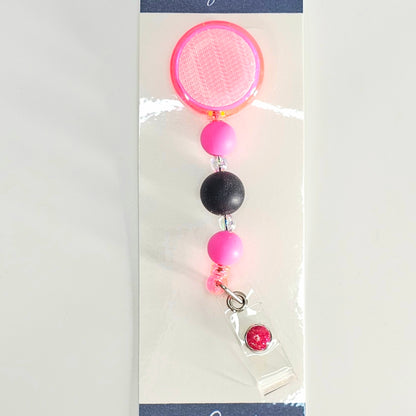 Bright Pink And Black Beaded Badge Reel  - Interchangeable Badge Reel Clip - ID Holder For Work