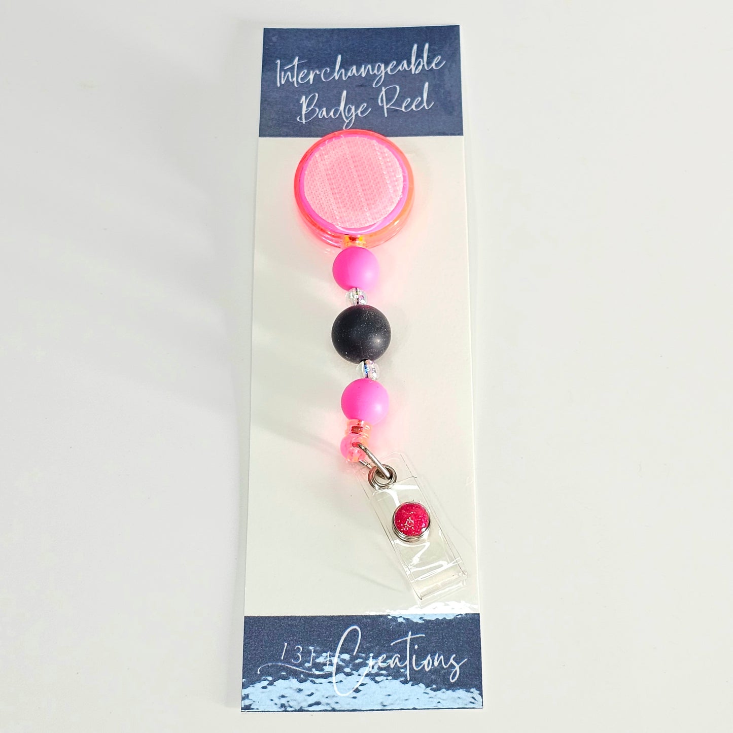 Bright Pink And Black Beaded Badge Reel  - Interchangeable Badge Reel Clip - ID Holder For Work