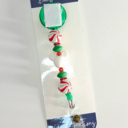 Merry Minty Magical Swirls Badge Reel  - Cute Interchangeable Christmas Badge Reel Clip - Holiday Beaded ID Holder For Work