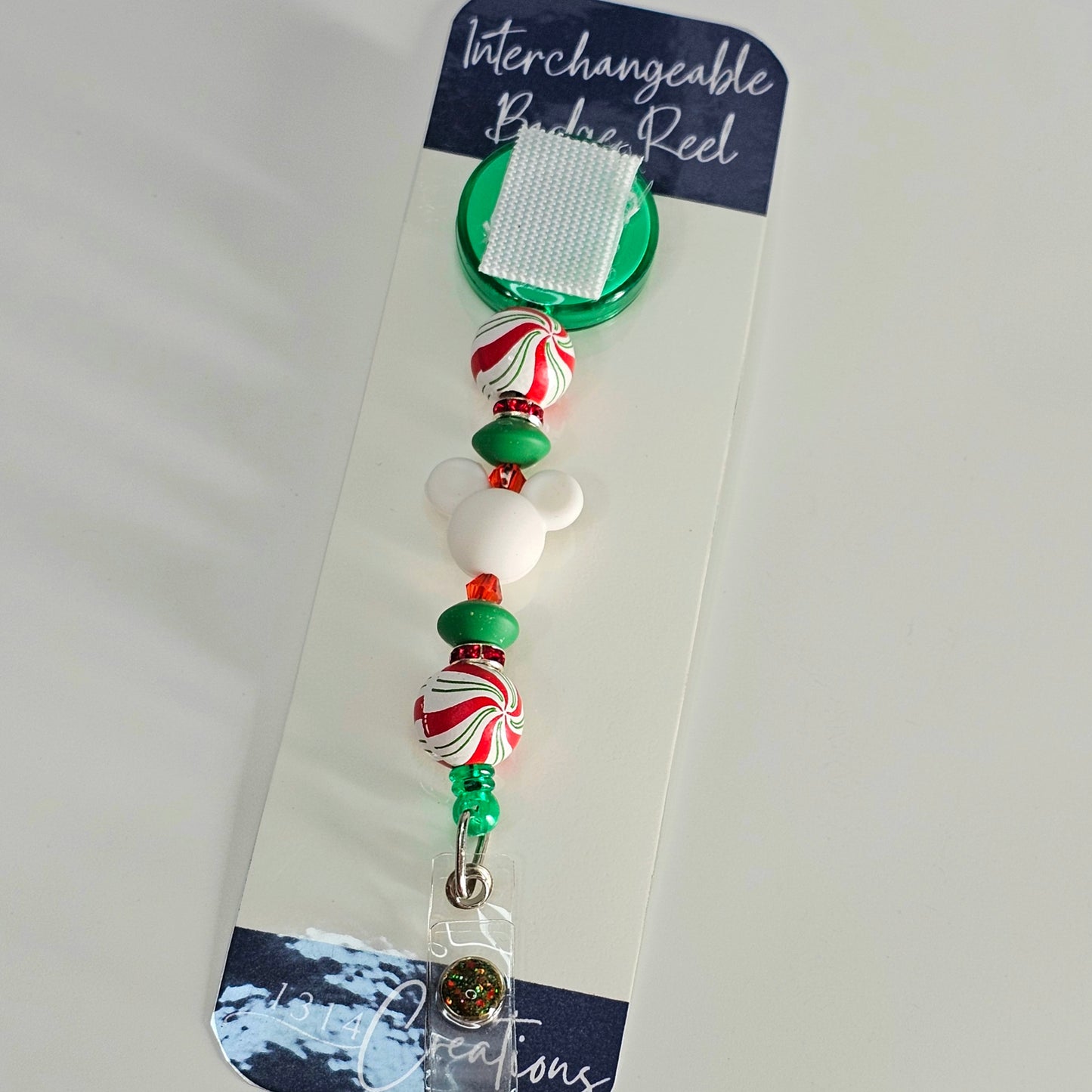 Merry Minty Magical Swirls Badge Reel  - Cute Interchangeable Christmas Badge Reel Clip - Holiday Beaded ID Holder For Work