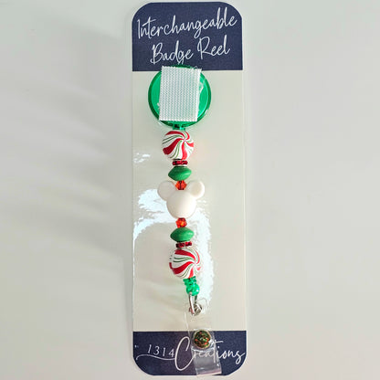 Merry Minty Magical Swirls Badge Reel  - Cute Interchangeable Christmas Badge Reel Clip - Holiday Beaded ID Holder For Work