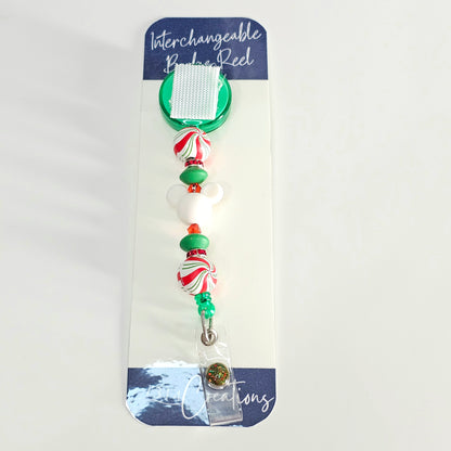 Merry Minty Magical Swirls Badge Reel  - Cute Interchangeable Christmas Badge Reel Clip - Holiday Beaded ID Holder For Work