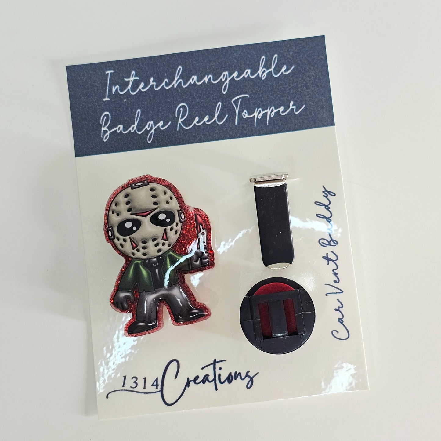 The Slasher Badge Reel Topper /  Cute Horror Movie Car Vent Clip / Interchangeable ID Holder For Work