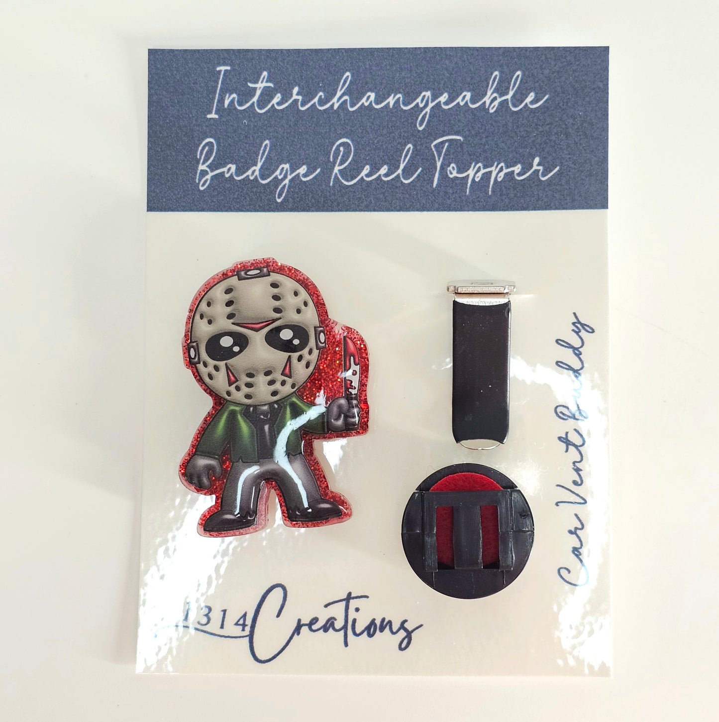 The Slasher Badge Reel Topper /  Cute Horror Movie Car Vent Clip / Interchangeable ID Holder For Work