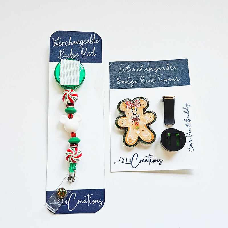 Gingerbread Mice-tress Topper / Interchangeable Badge Reel Topper / Cute Christmas Car Vent Clip / Beaded Badge Reel For Work