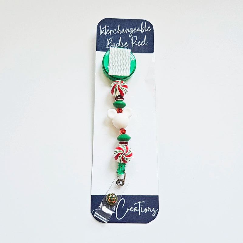 Merry Minty Magical Swirls Badge Reel  - Cute Interchangeable Christmas Badge Reel Clip - Holiday Beaded ID Holder For Work