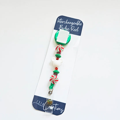 Merry Minty Magical Swirls Badge Reel  - Cute Interchangeable Christmas Badge Reel Clip - Holiday Beaded ID Holder For Work