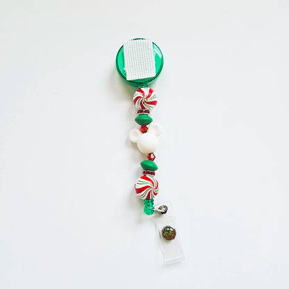 Merry Minty Magical Swirls Badge Reel  - Cute Interchangeable Christmas Badge Reel Clip - Holiday Beaded ID Holder For Work