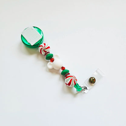 Merry Minty Magical Swirls Badge Reel  - Cute Interchangeable Christmas Badge Reel Clip - Holiday Beaded ID Holder For Work