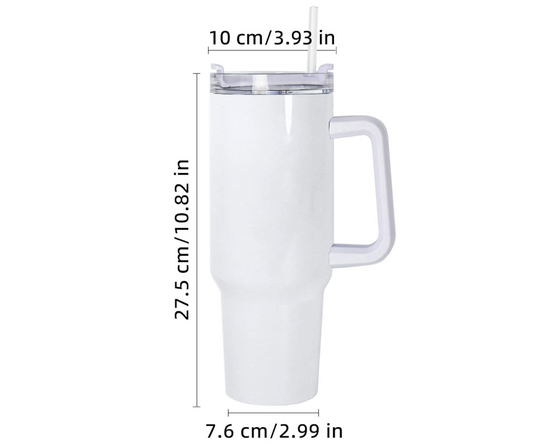 40 oz handled tumbler measurement diagram showing 10.83 inch height, 3.93 inch top diameter and 2.99 inch base diameter