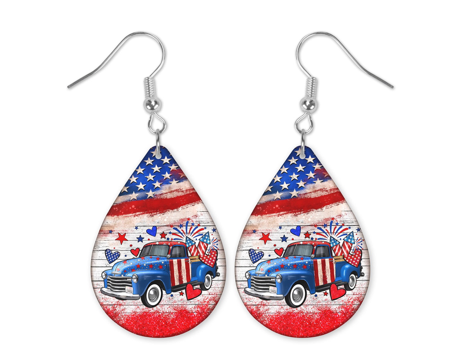 Fourth of July Pickup Truck Teardrop Earrings