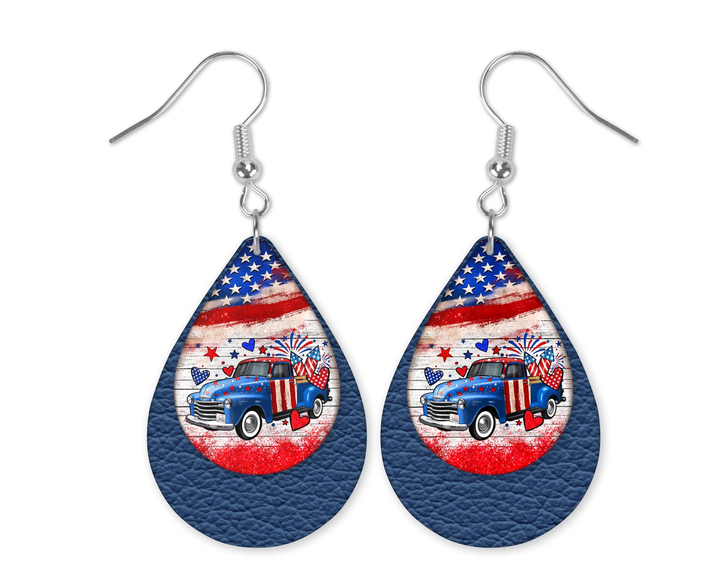 Fourth of July Pickup Truck Teardrop Earrings