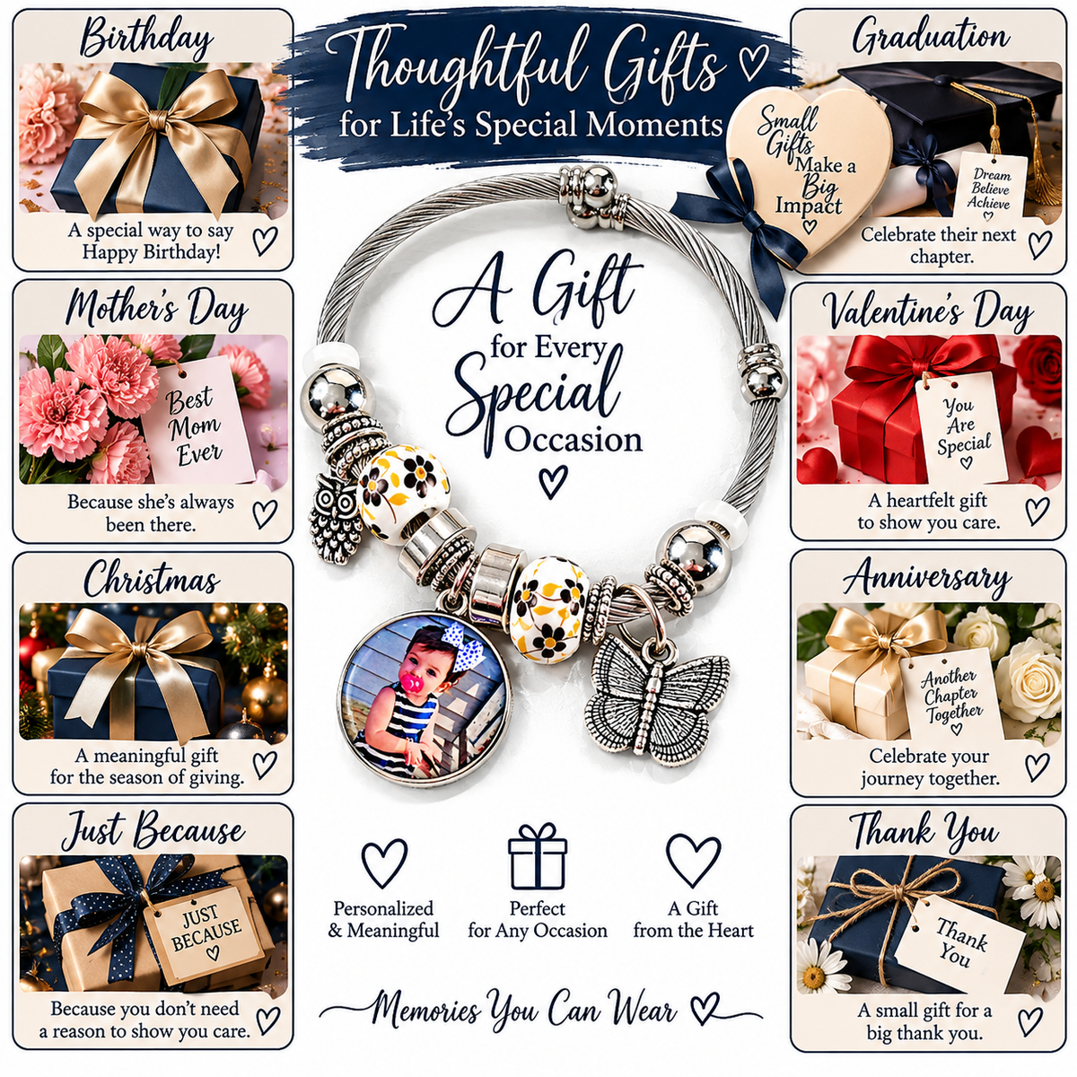 A Memory to Wear photo bracelet gift guide featuring birthdays, graduation, Mother’s Day, Valentine’s Day, Christmas, and anniversaries.