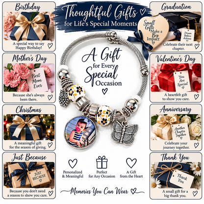 A Memory to Wear photo bracelet gift guide featuring birthdays, graduation, Mother’s Day, Valentine’s Day, Christmas, and anniversaries.