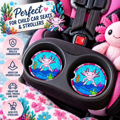 Pink axolotl coasters displayed in child car seat cup holders