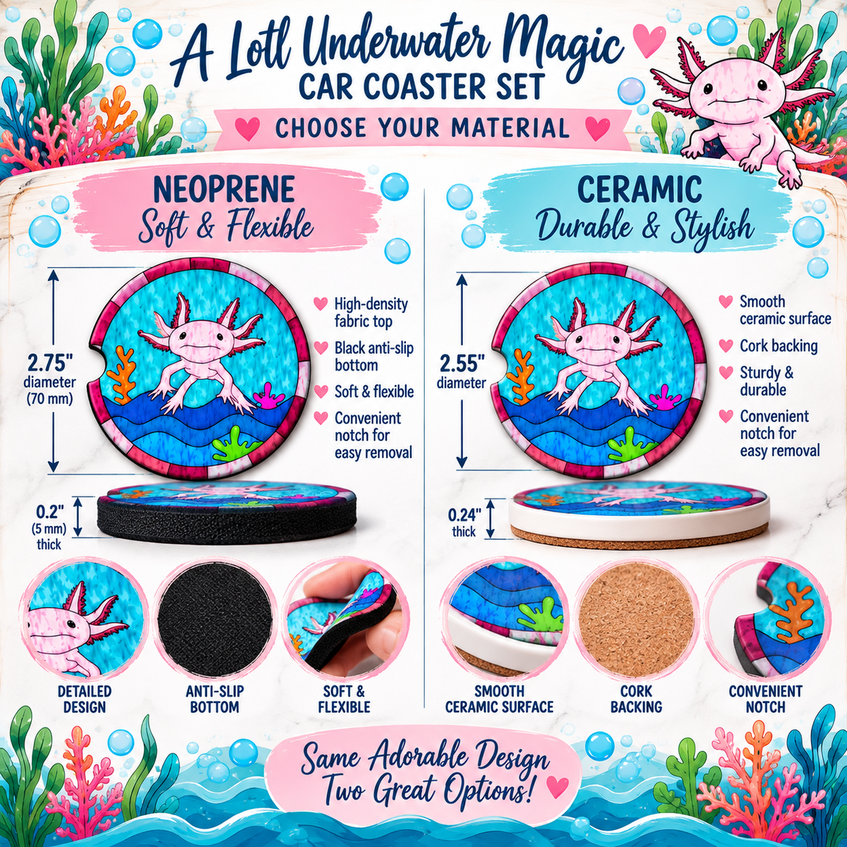 A Lotl Underwater Magic Neoprene and Ceramic axolotl car coaster size comparison