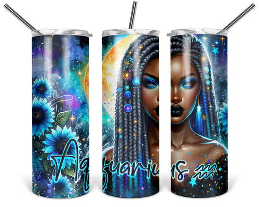 Three views of the 20 oz tumbler featuring Celestial Aquarius Queen braided woman with blue flowers, glowing moon, and stars on a white background
