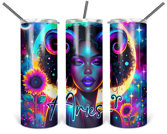 Aries Fearlessly Radiant 20 oz tumbler shown from three angles with radiant woman with glowing ram horns and colorful sunflowers