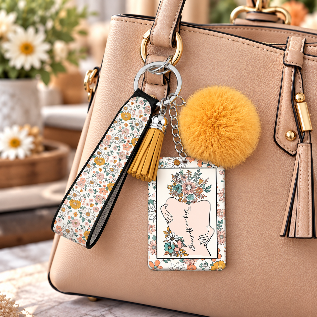 Floral statement wristlet keychain hanging from a tan purse
