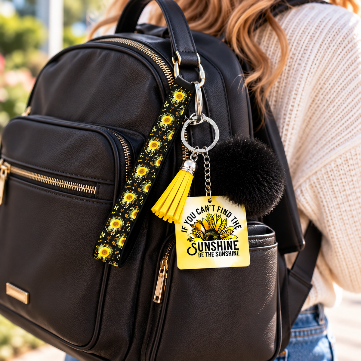 Be the Sunshine wristlet keychain hanging from a backpack