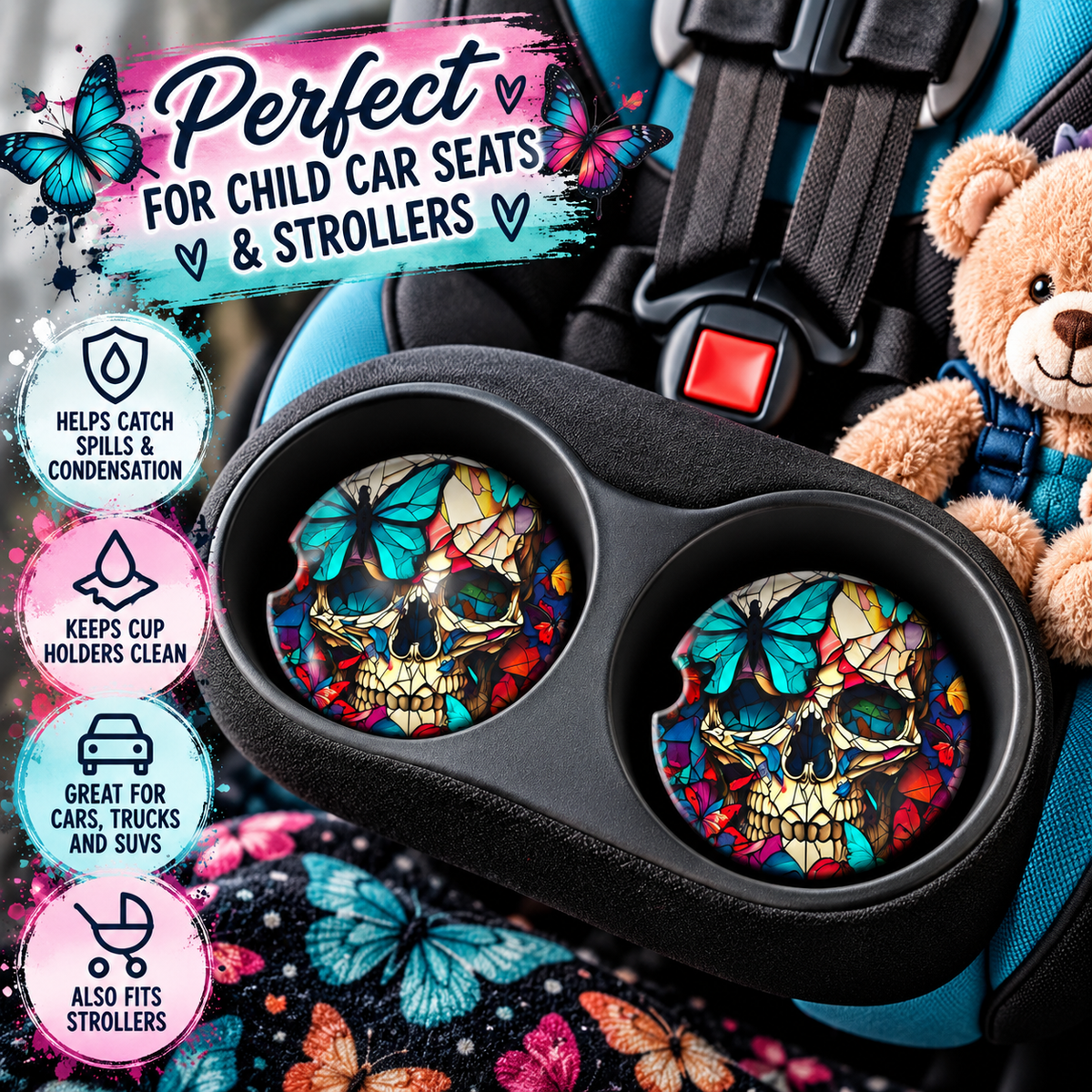 Beautifully Unalive butterfly skull coasters displayed in child car seat cup holders