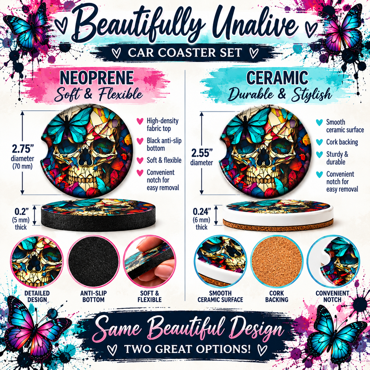 Beautifully Unalive Neoprene and Ceramic gothic skull car coaster size comparison