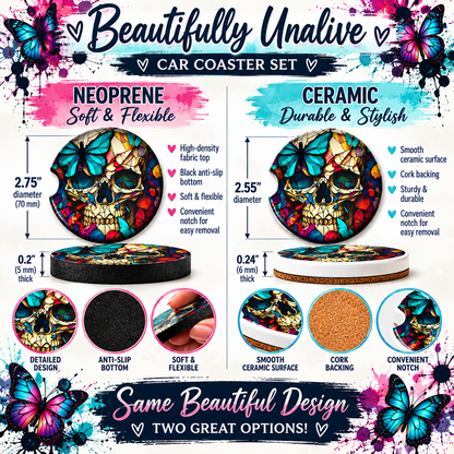 Beautifully Unalive Neoprene and Ceramic gothic skull car coaster size comparison