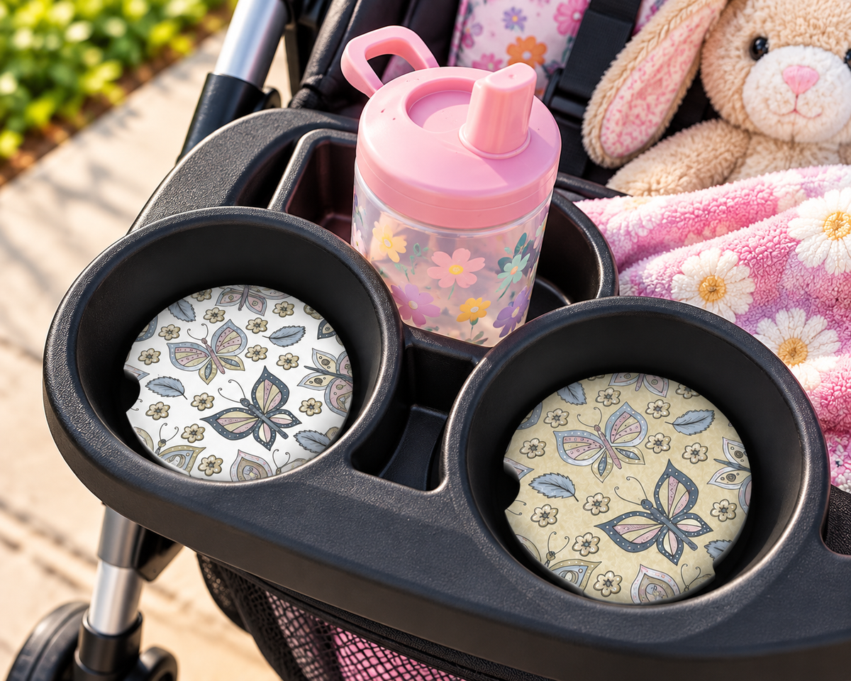 Floral butterfly car cup holder coasters with vintage inspired design
