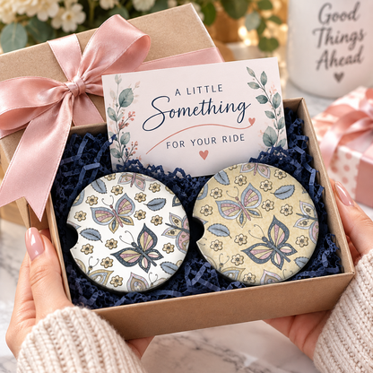 Beauty in Flight butterfly car coaster set packaged as a gift