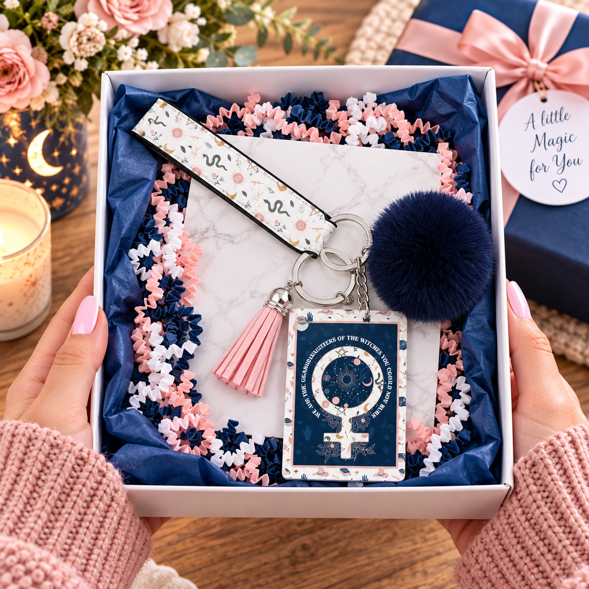 Bewitching Bond wristlet keychain arranged in a gift box