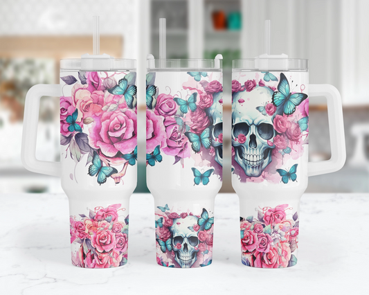 Blooming Menace Tumbler - Flowers And Skull 40oz Tumbler With Handle - Floral Butterfly Tumbler