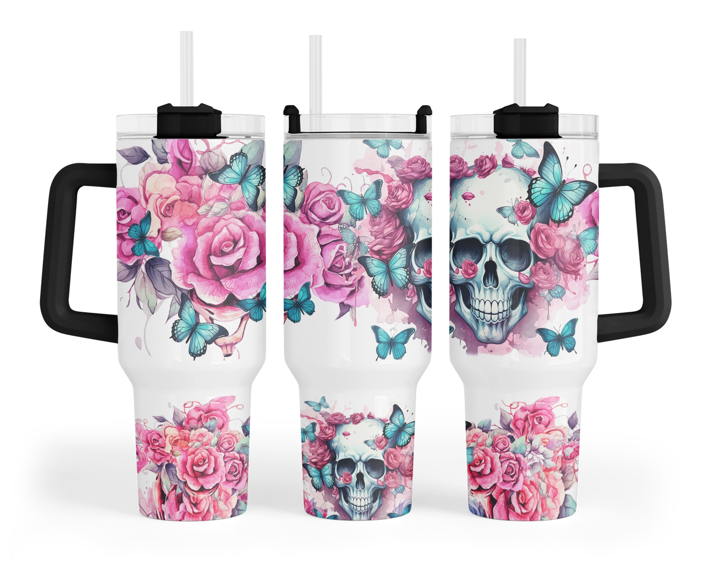 Blooming Menace Tumbler - Flowers And Skull 40oz Tumbler With Handle - Floral Butterfly Tumbler