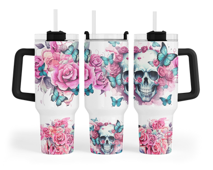 Blooming Menace Tumbler - Flowers And Skull 40oz Tumbler With Handle - Floral Butterfly Tumbler