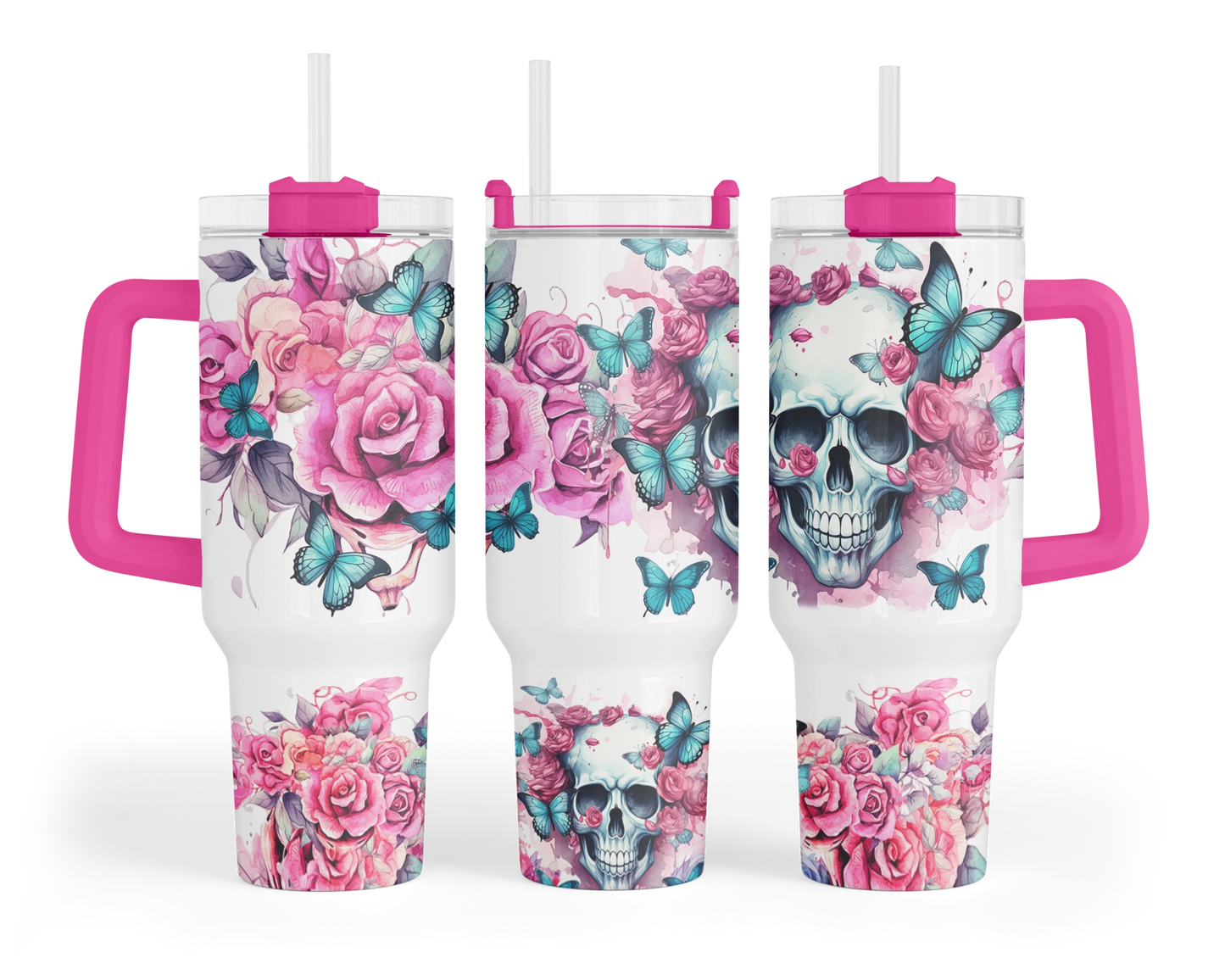 Blooming Menace Tumbler - Flowers And Skull 40oz Tumbler With Handle - Floral Butterfly Tumbler