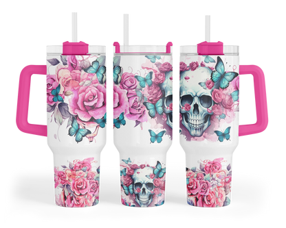 Blooming Menace Tumbler - Flowers And Skull 40oz Tumbler With Handle - Floral Butterfly Tumbler