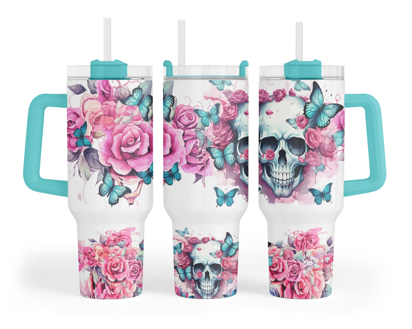 Blooming Menace Tumbler - Flowers And Skull 40oz Tumbler With Handle - Floral Butterfly Tumbler