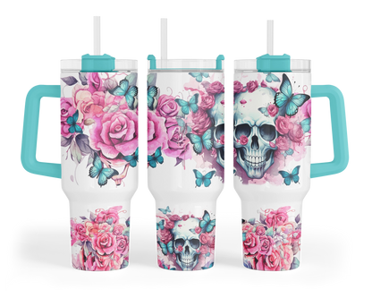 Blooming Menace Tumbler - Flowers And Skull 40oz Tumbler With Handle - Floral Butterfly Tumbler