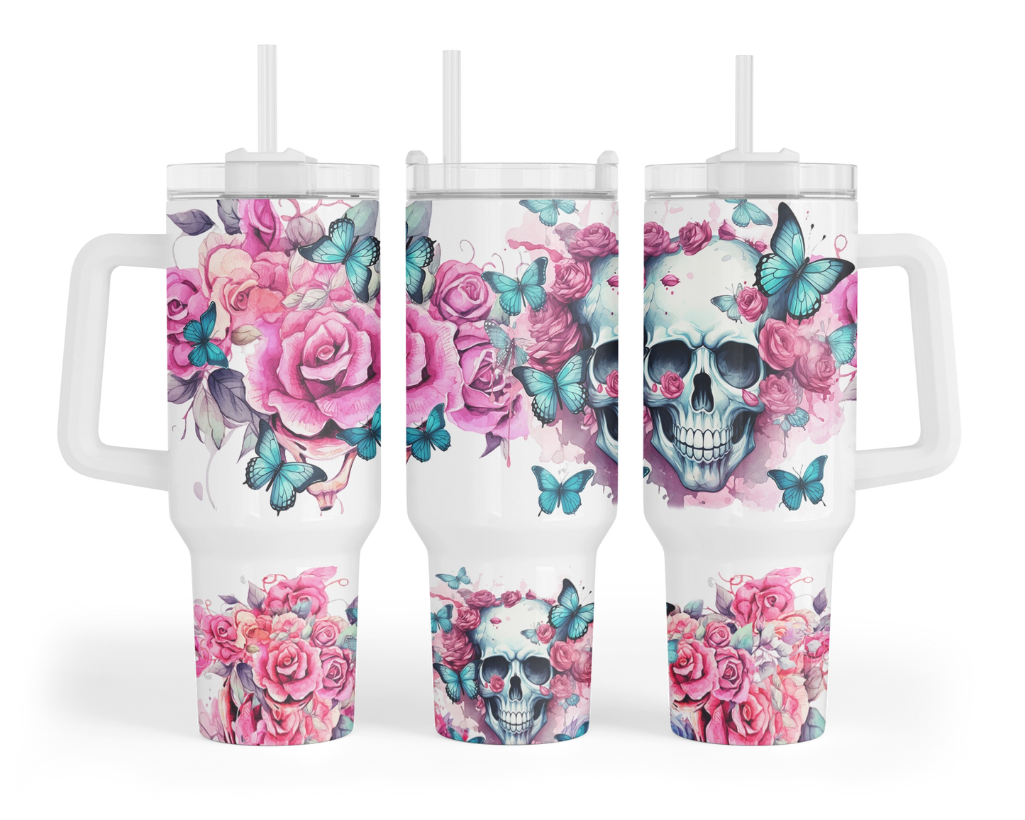 Blooming Menace Tumbler - Flowers And Skull 40oz Tumbler With Handle - Floral Butterfly Tumbler