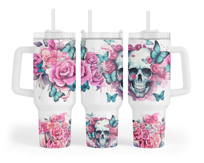 Blooming Menace Tumbler - Flowers And Skull 40oz Tumbler With Handle - Floral Butterfly Tumbler