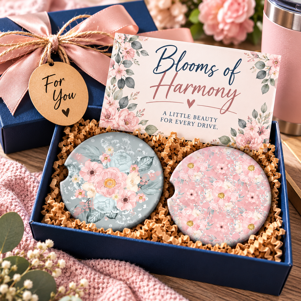 Blooms of Harmony floral car coaster set packaged as a gift for her