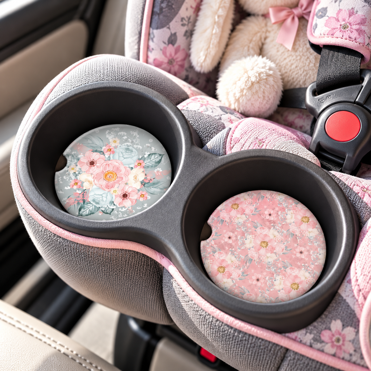Blooms of Harmony floral car coaster pair displayed in stroller cup holders