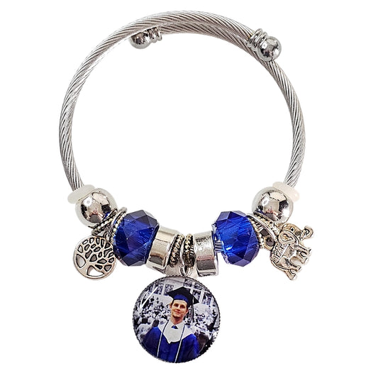 Blue Serenity Silver Charm Bracelet 🌟 Adjustable Photo Charm Bracelet 🌟Custom Photograph Gift 🌟Memorial Bracelet