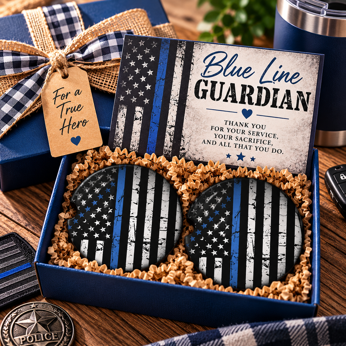 Blue Line Guardian Thin Blue Line car coaster set packaged as a law enforcement gift