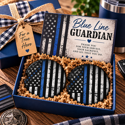 Blue Line Guardian Thin Blue Line car coaster set packaged as a law enforcement gift