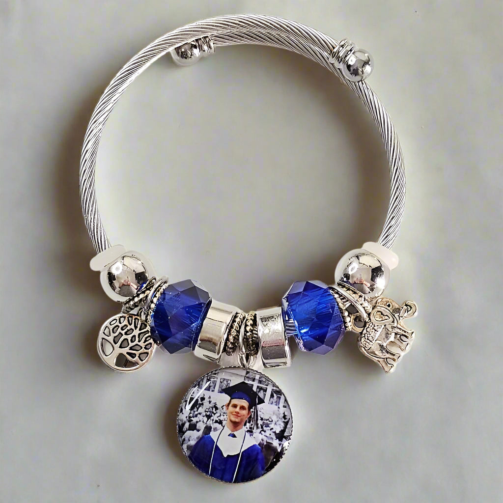 Blue Serenity Silver Charm Bracelet 🌟 Adjustable Photo Charm Bracelet 🌟Custom Photograph Gift 🌟Memorial Bracelet