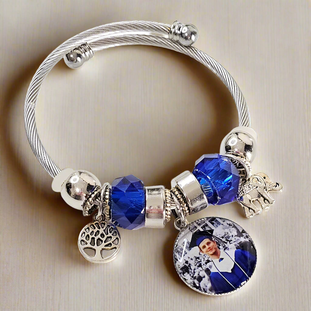 Blue Serenity Silver Charm Bracelet 🌟 Adjustable Photo Charm Bracelet 🌟Custom Photograph Gift 🌟Memorial Bracelet