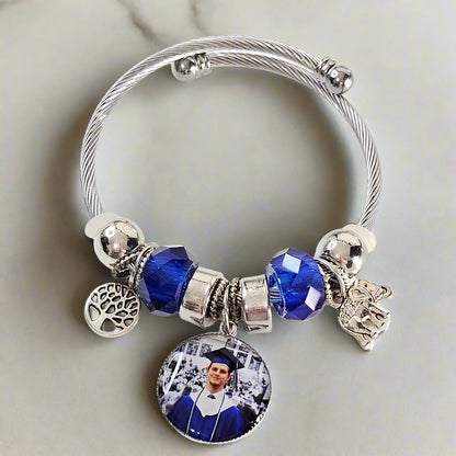 Blue Serenity Silver Charm Bracelet 🌟 Adjustable Photo Charm Bracelet 🌟Custom Photograph Gift 🌟Memorial Bracelet