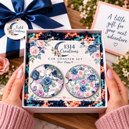 Blushing in Blue romantic rose car coaster set presented as a floral gift