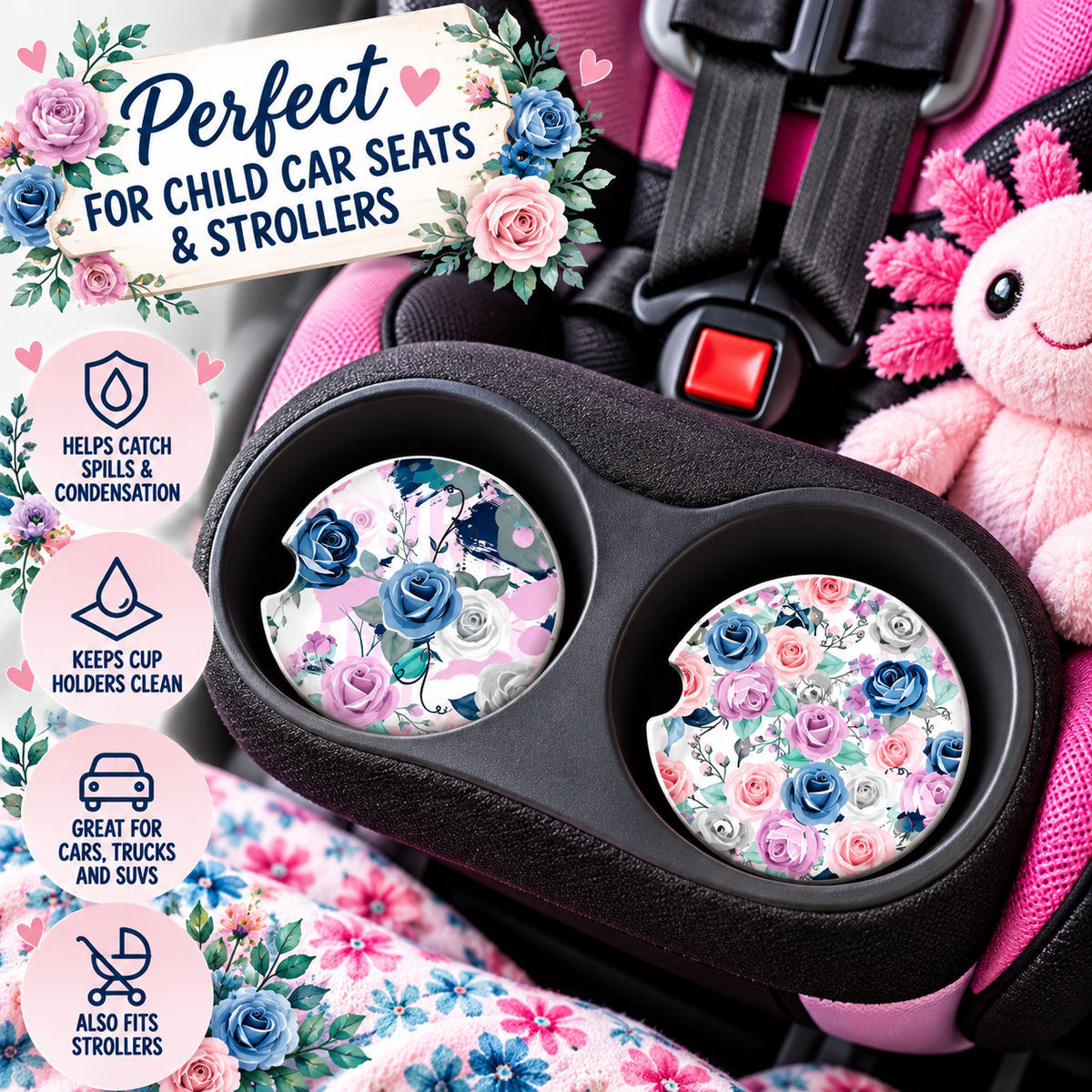 Blushing in Blue floral coasters displayed in child car seat cup holders